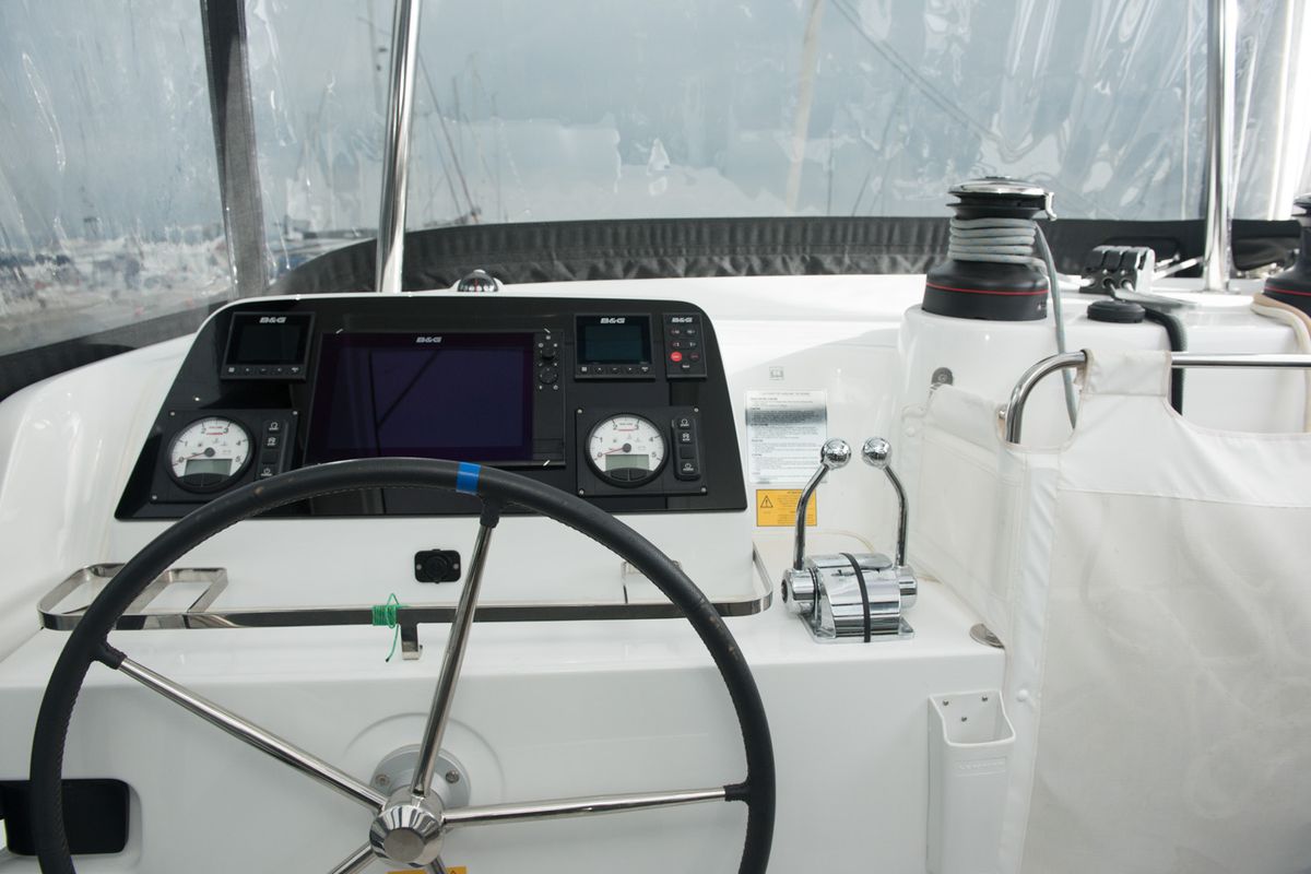 Cockpit of Euphoria, a Lagoon 42 catamaran at Municipal Unit of Lefkada, Greece