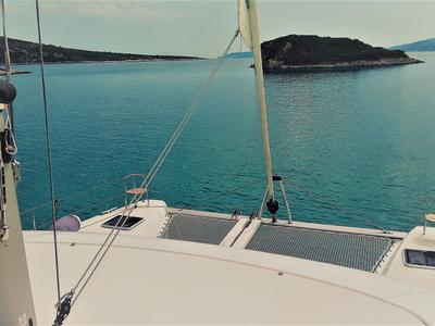 Deck of Euphoria, a Lagoon 42 catamaran at Municipal Unit of Lefkada, Greece