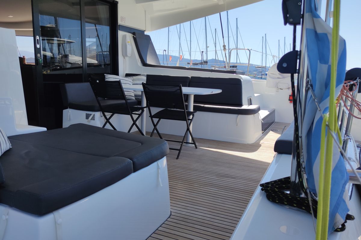 Deck of Euphoria, a Lagoon 42 catamaran at Municipal Unit of Lefkada, Greece
