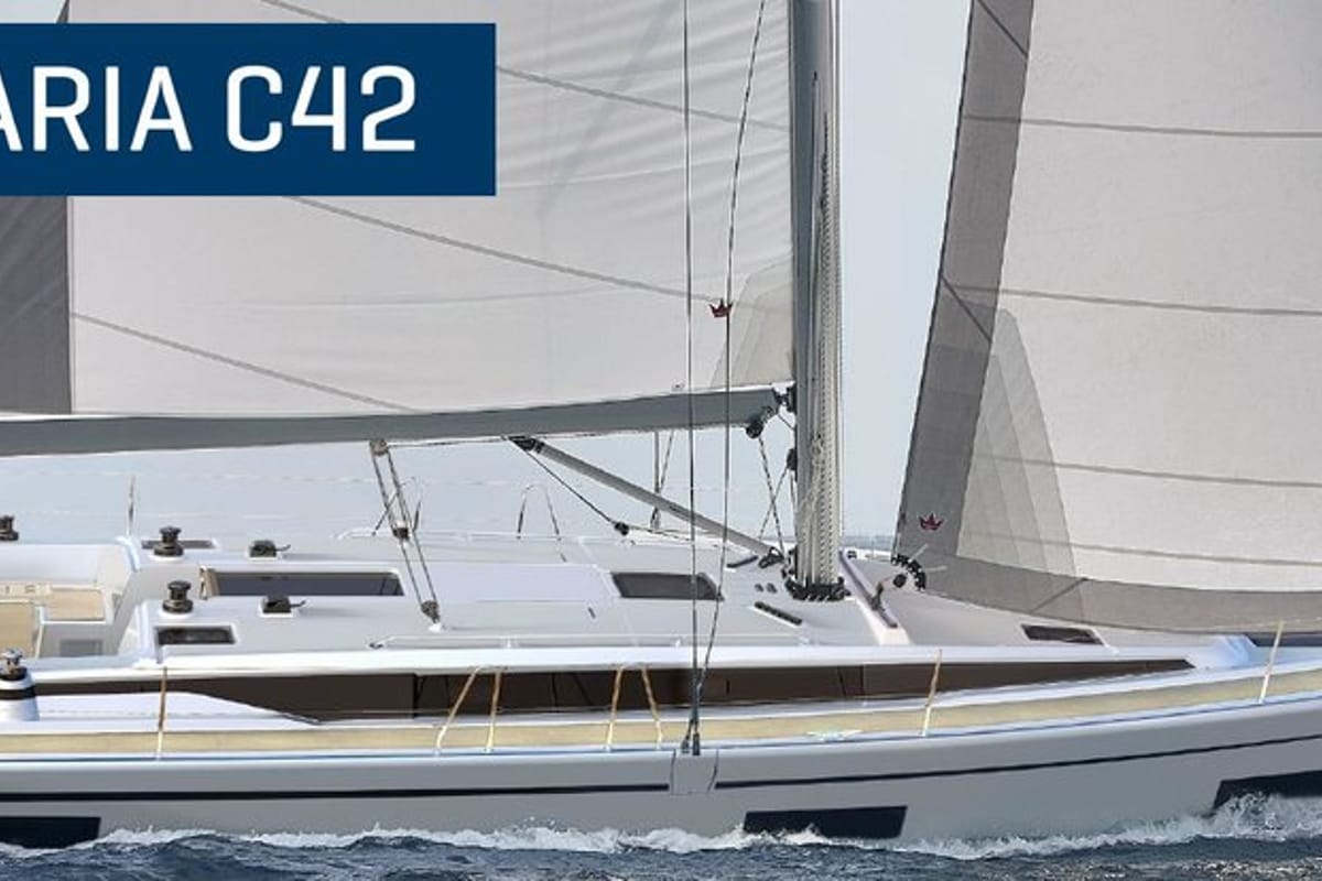 Exterior view of Sofia, a Bavaria C42 sailboat at Kontokali, Greece