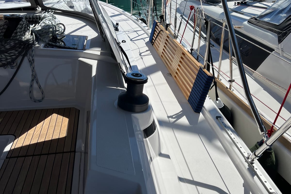 Deck of Sofia, a Bavaria C42 sailboat at Kontokali, Greece