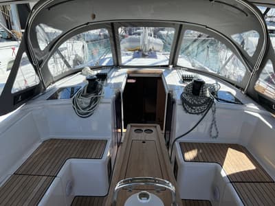 Deck of Sofia, a Bavaria C42 sailboat at Kontokali, Greece