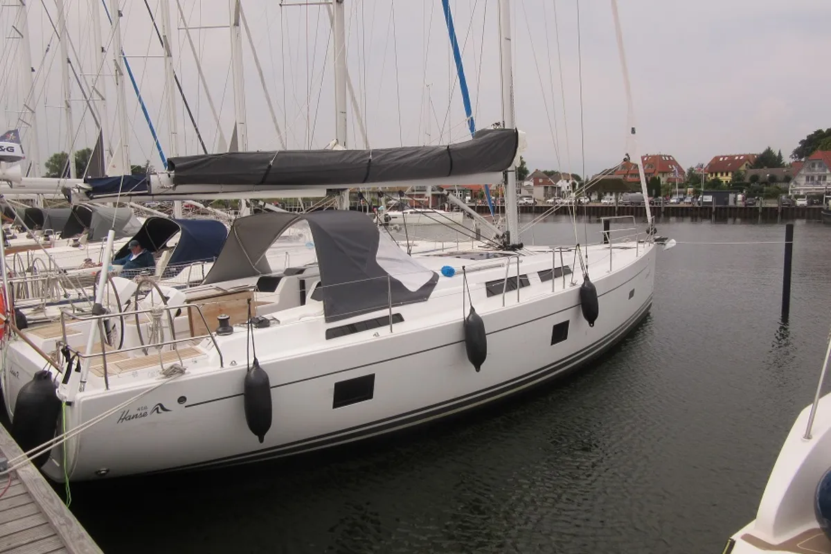 Exterior view of Seven, a Hanse Yachts Hanse 458 sailboat at Fisksätra, Sweden