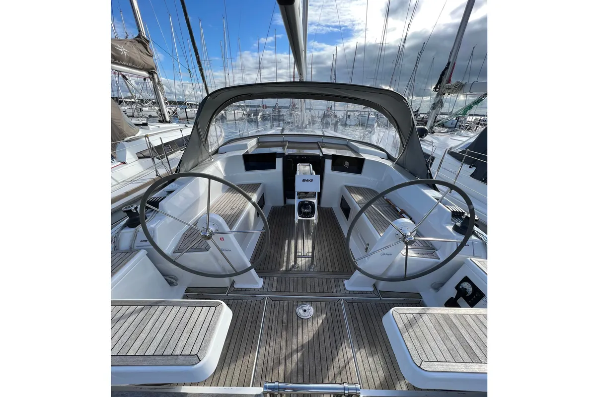 Cockpit of Seven, a Hanse Yachts Hanse 458 sailboat at Fisksätra, Sweden