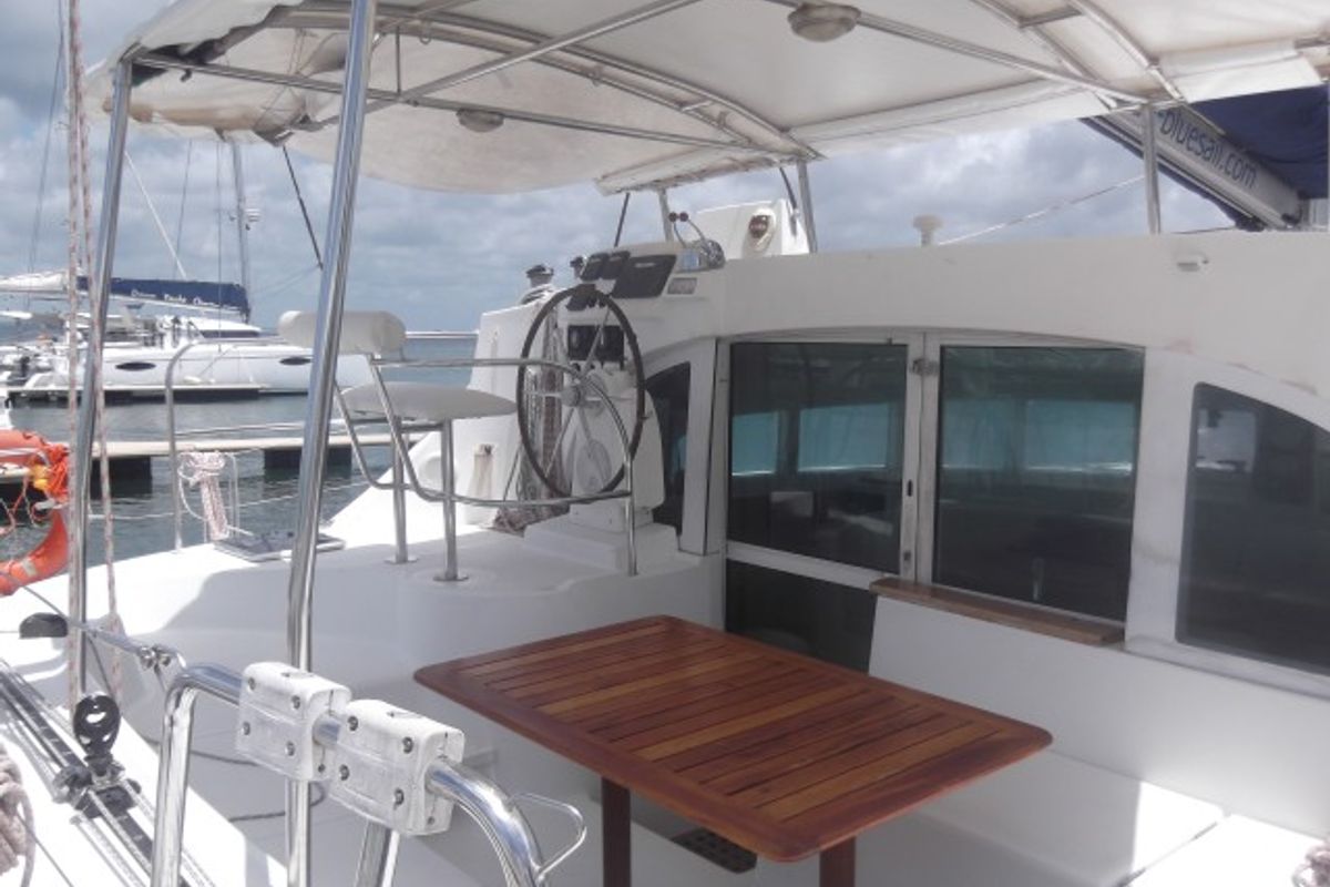 Cockpit of Magnifique, a Lagoon 380 catamaran at Cienfuegos, Cuba
