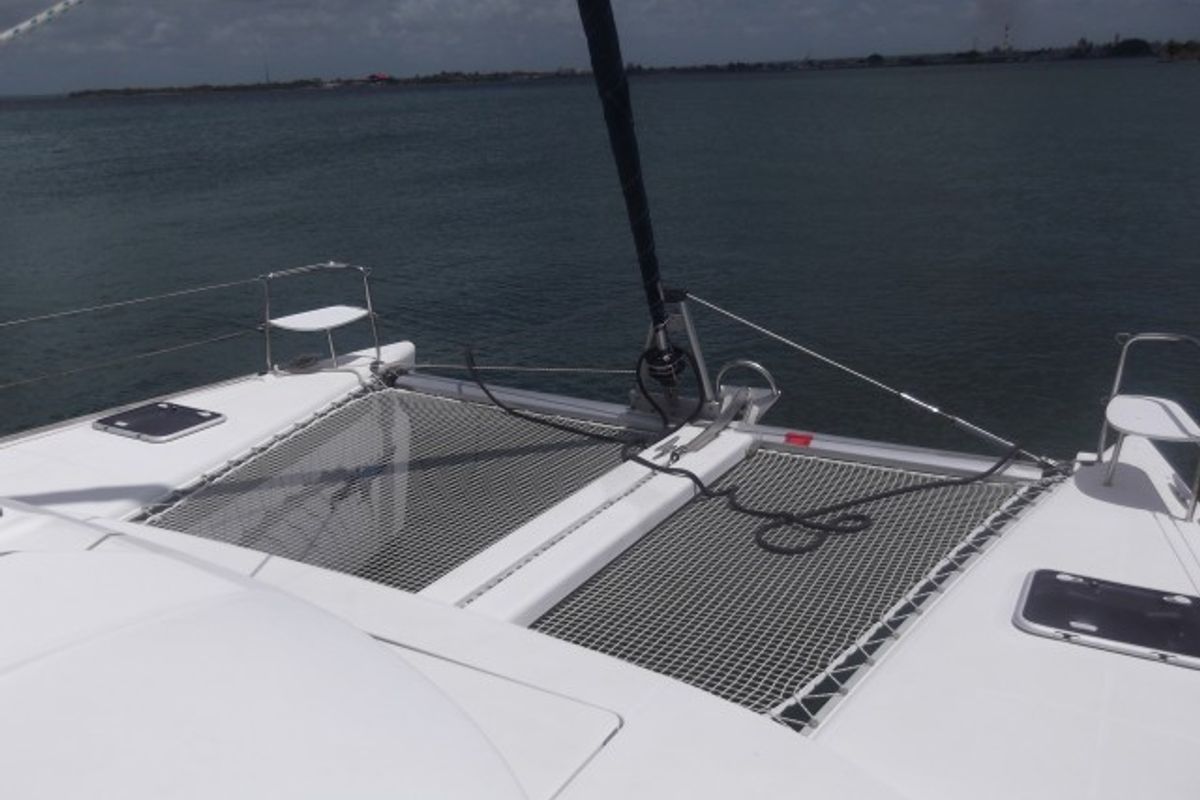 Deck of Magnifique, a Lagoon 380 catamaran at Cienfuegos, Cuba