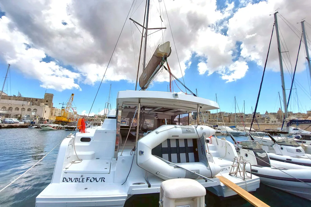 Exterior view of Double Four, a Bali Catspace catamaran at Kalkara, Malta