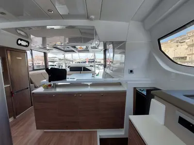 Galley of Double Four, a Bali Catspace catamaran at Kalkara, Malta