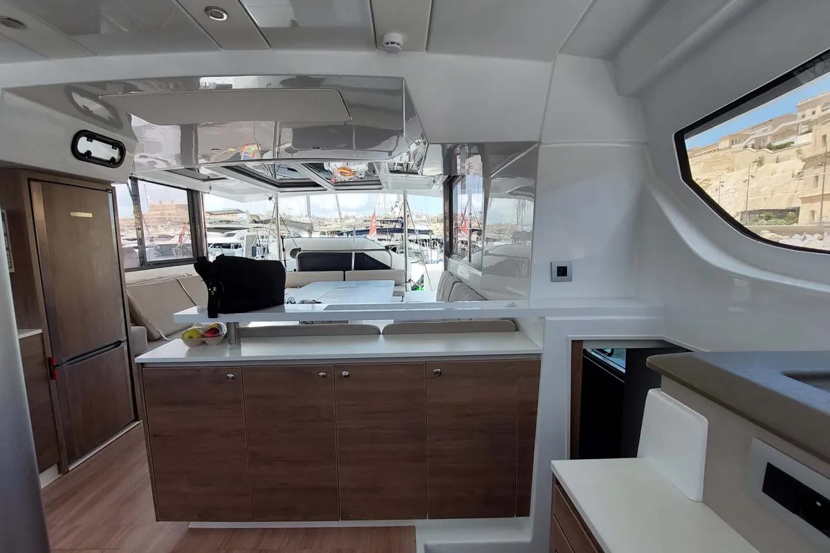 Galley of Double Four, a Bali Catspace catamaran at Kalkara, Malta