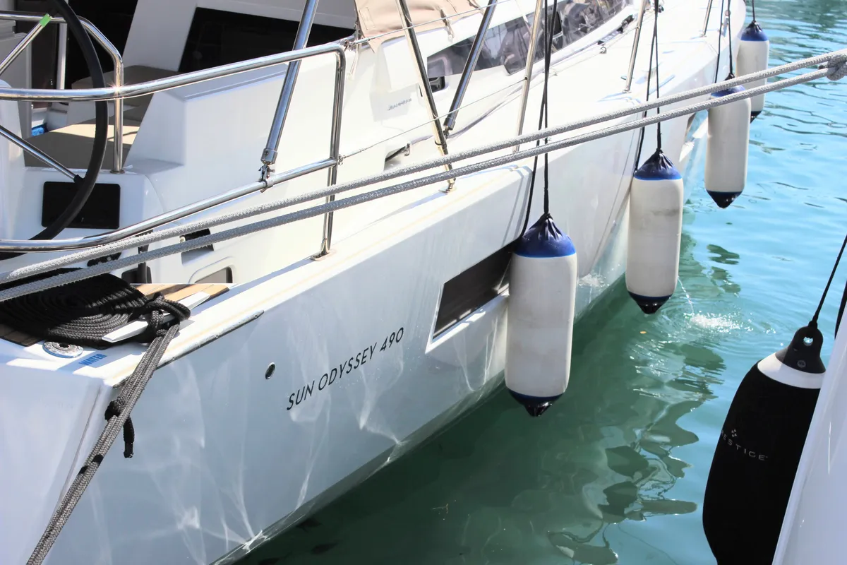 Exterior view of None, a Jeanneau Sun Odyssey 490 sailboat at Split, Croatia