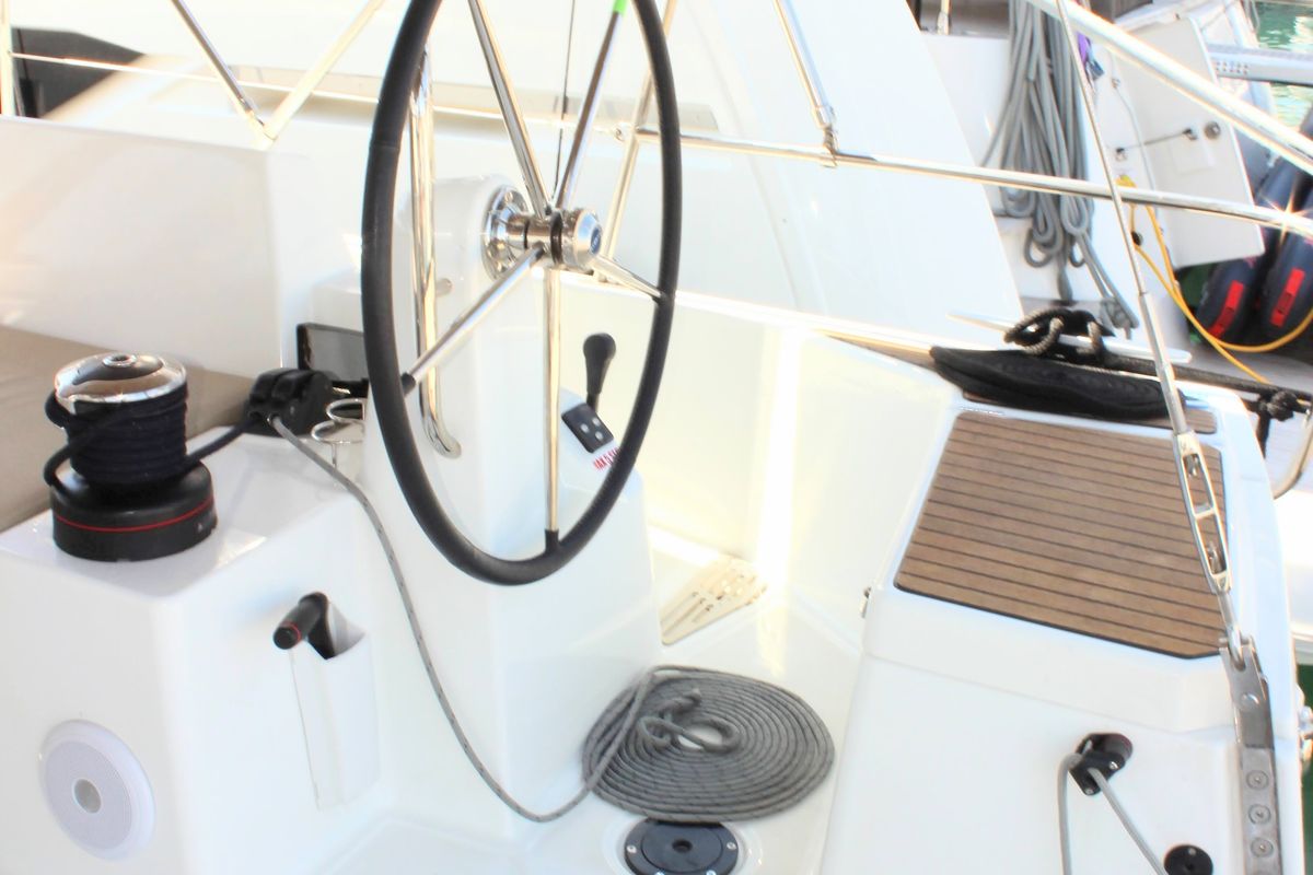 Cockpit of None, a Jeanneau Sun Odyssey 490 sailboat at Split, Croatia