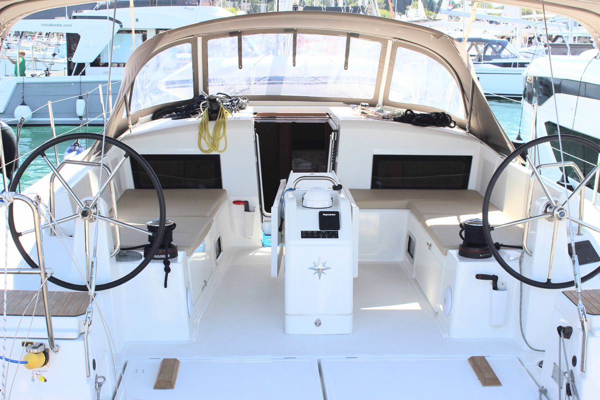 Cockpit of None, a Jeanneau Sun Odyssey 490 sailboat at Split, Croatia