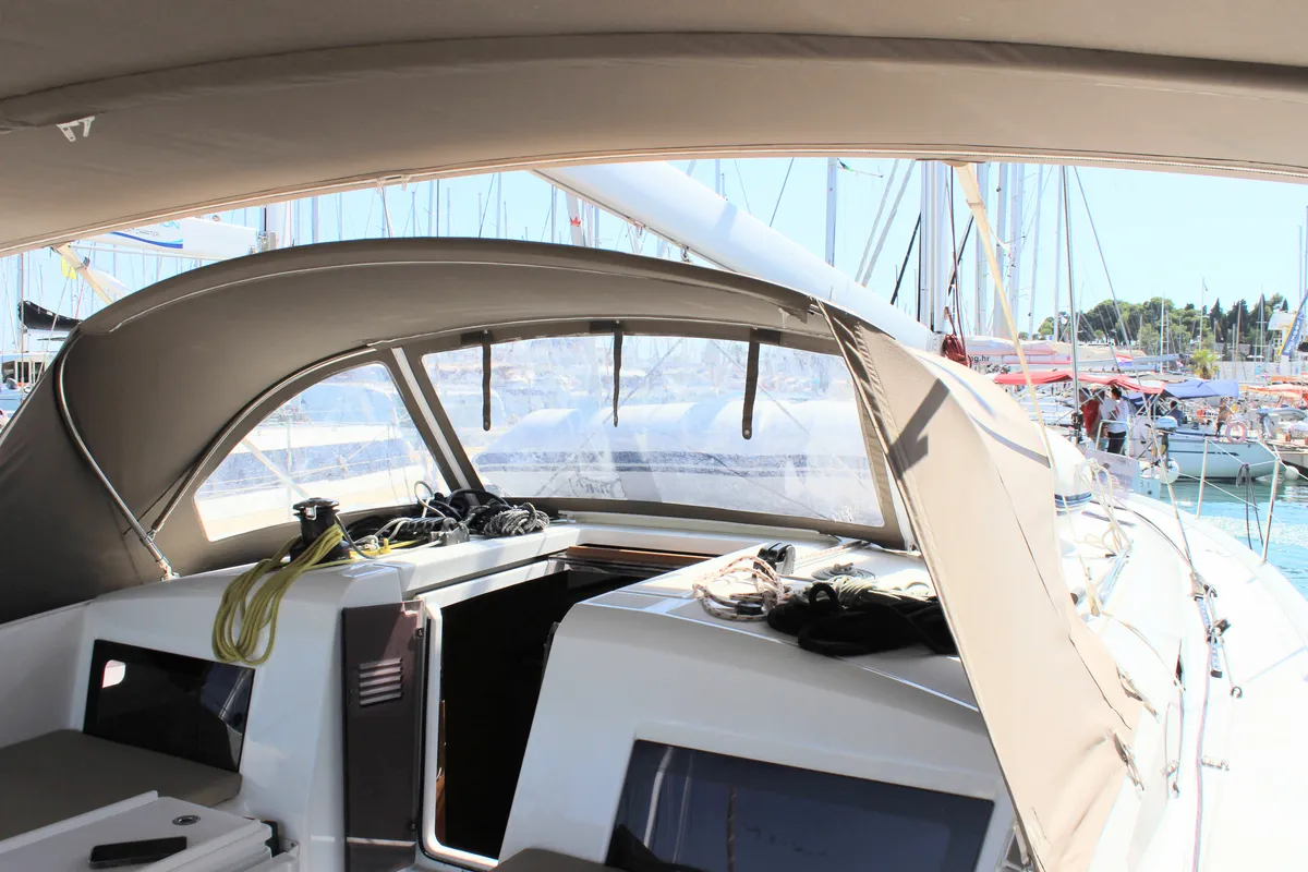 Cockpit of None, a Jeanneau Sun Odyssey 490 sailboat at Split, Croatia