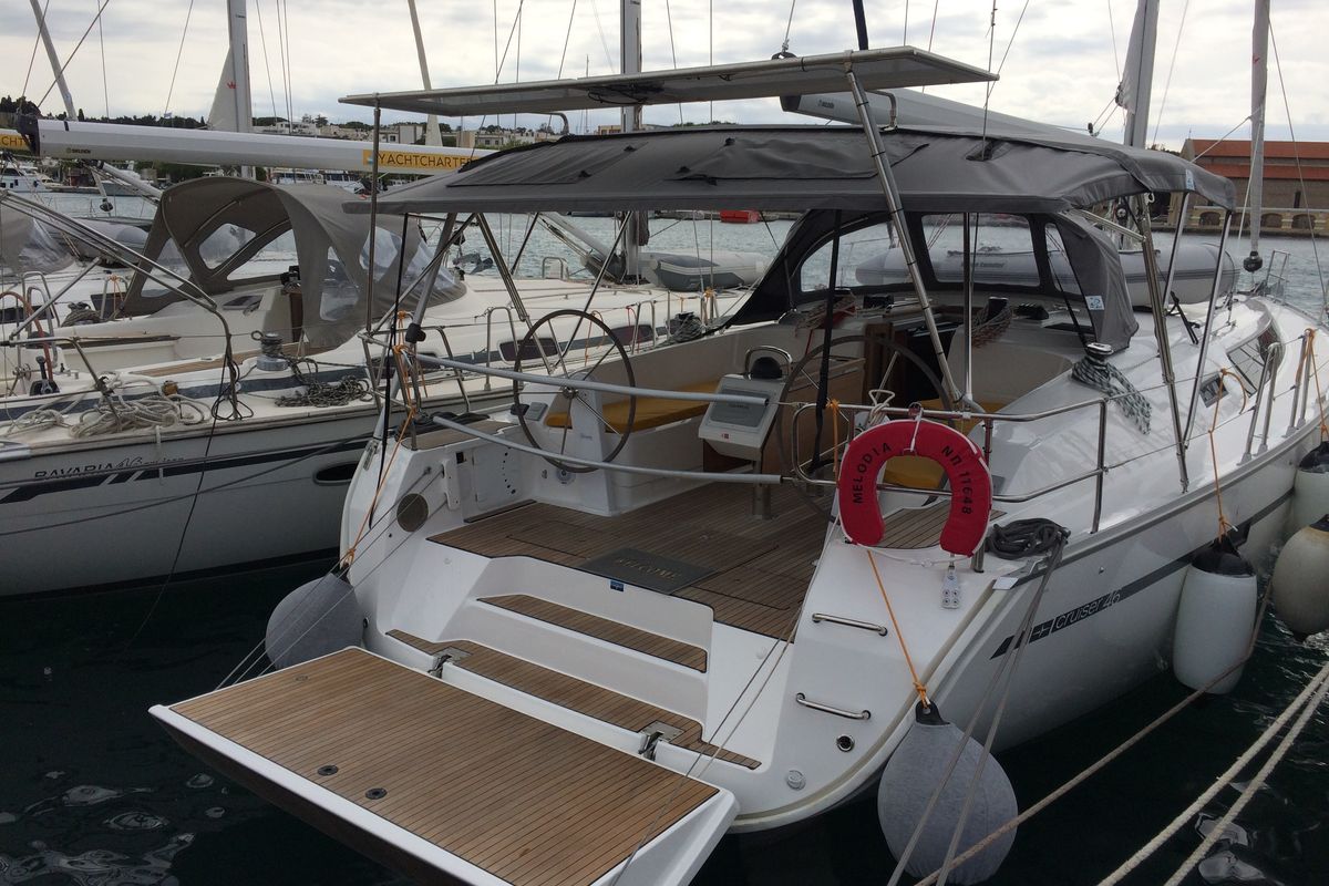 Deck of Melodia, a Bavaria Cruiser 46 sailboat at Municipal Unit of Rhodes, Greece