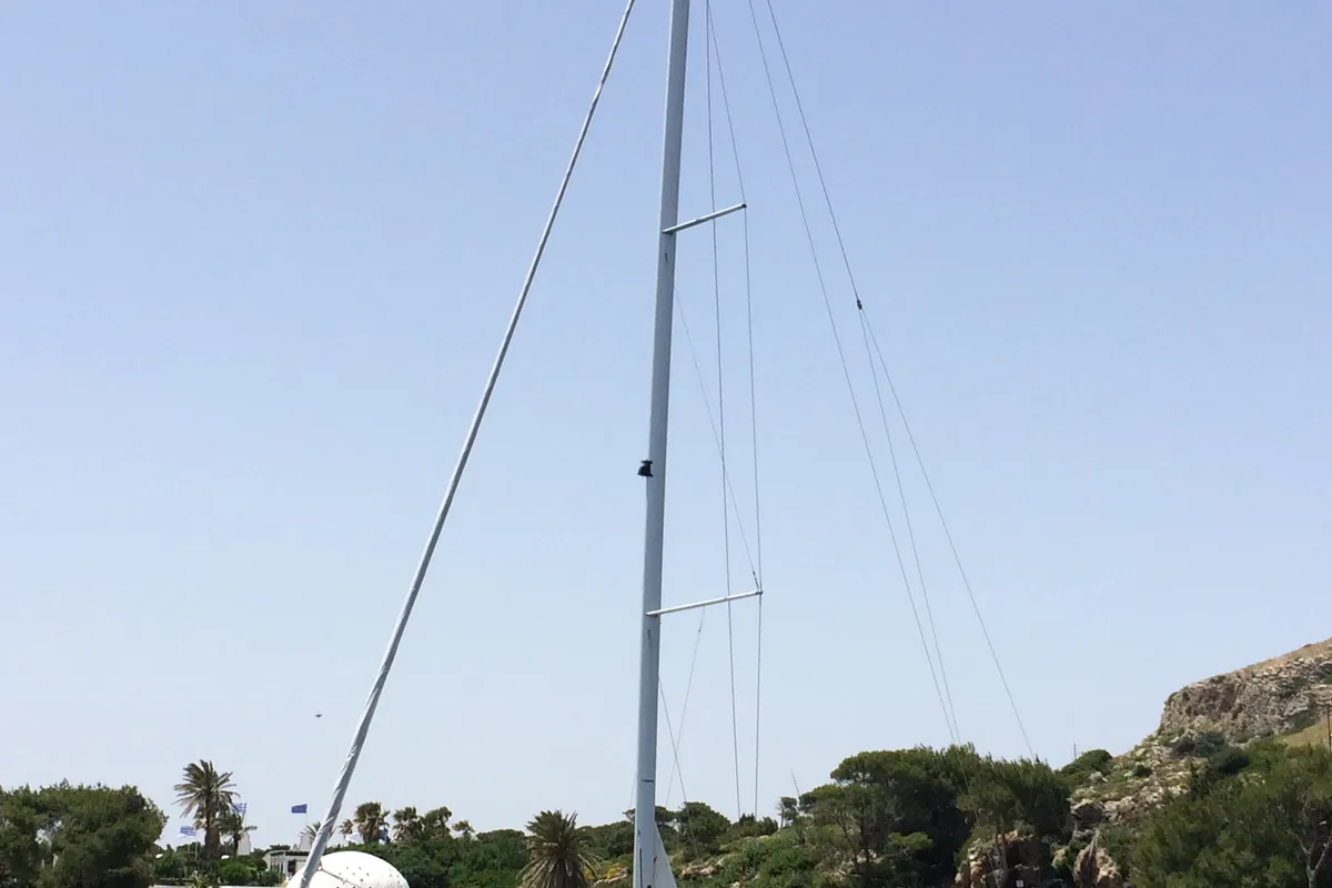 Exterior view of Melodia, a Bavaria Cruiser 46 sailboat at Municipal Unit of Rhodes, Greece