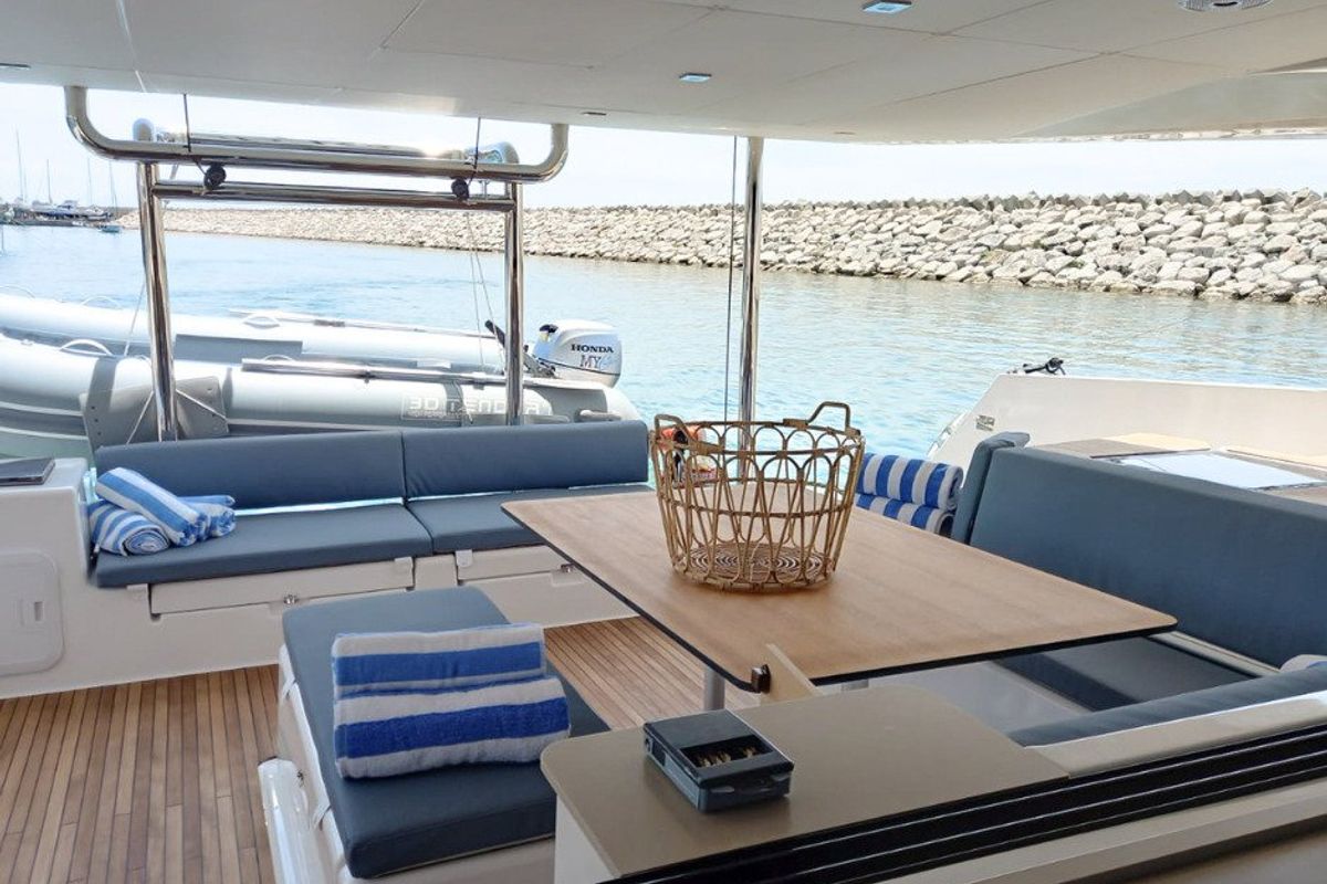 Deck of Olga, a Dufour 48 Catamaran catamaran at Salerno, Italy