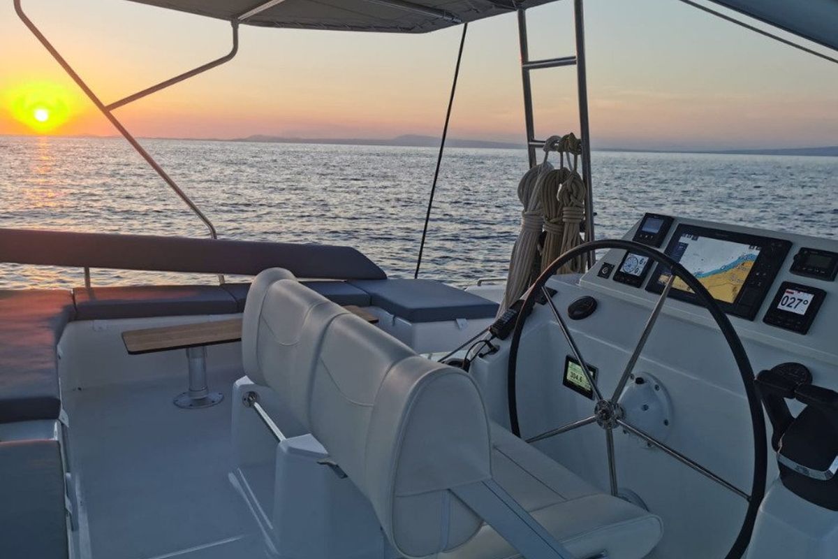 Cockpit of Olga, a Dufour 48 Catamaran catamaran at Salerno, Italy