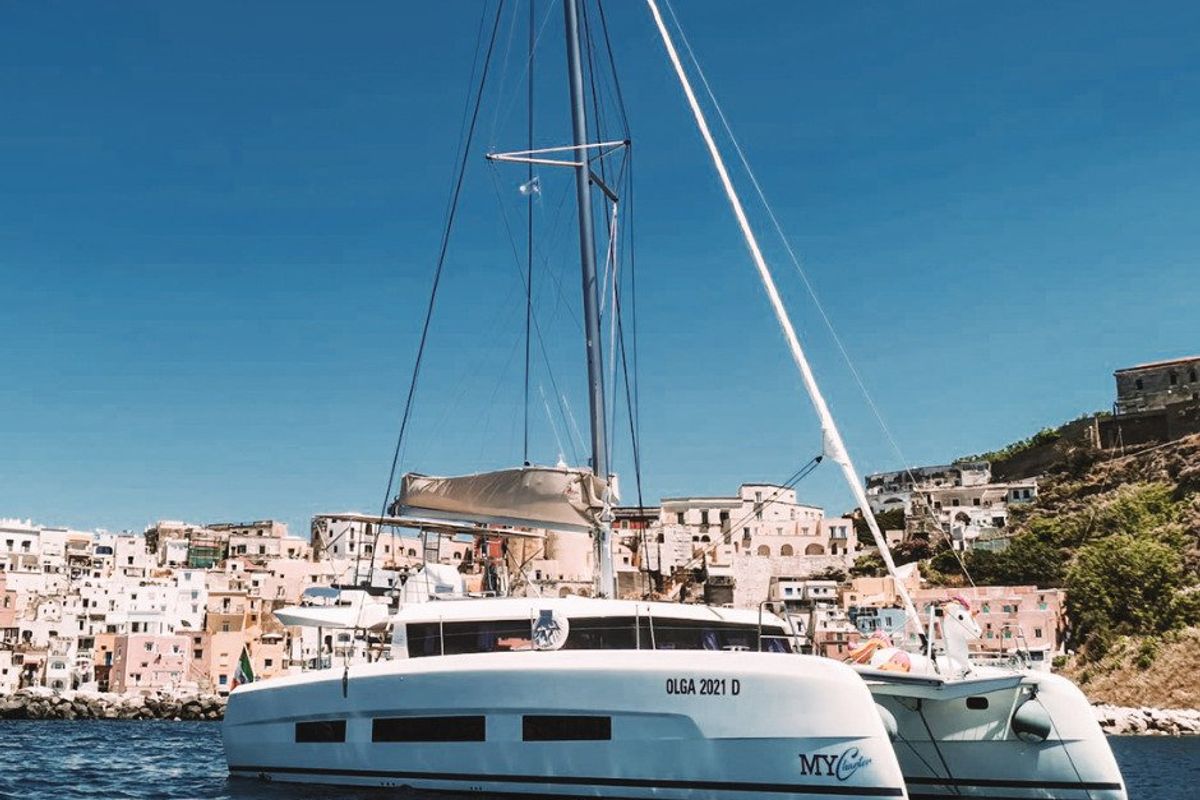 Exterior view of Olga, a Dufour 48 Catamaran catamaran at Salerno, Italy