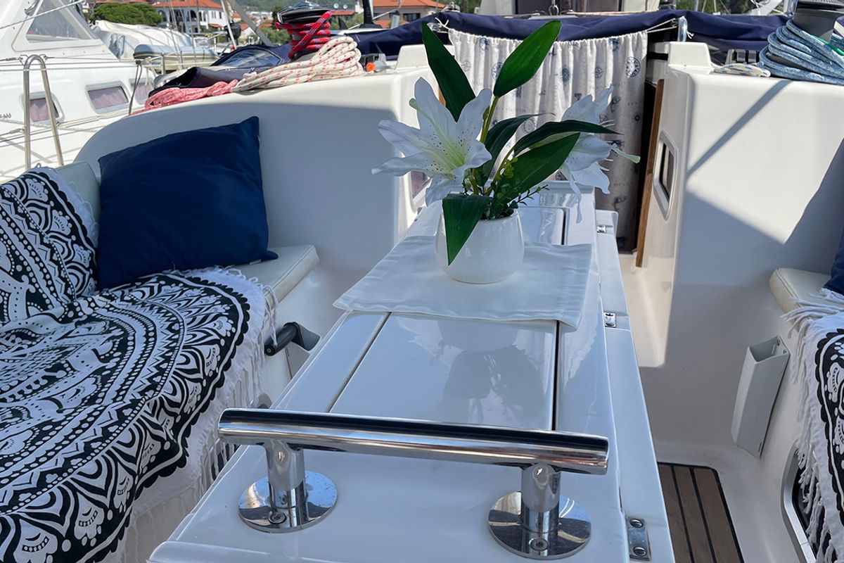 Deck of Roxani, a Elan 45 sailboat at Sithonia Municipal Unit, Greece