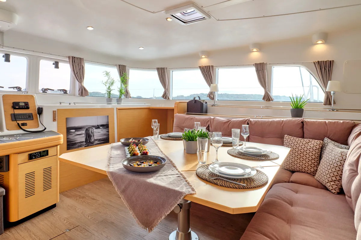 Salon of SOPHIA, a Lagoon 50 catamaran at Athens, Greece