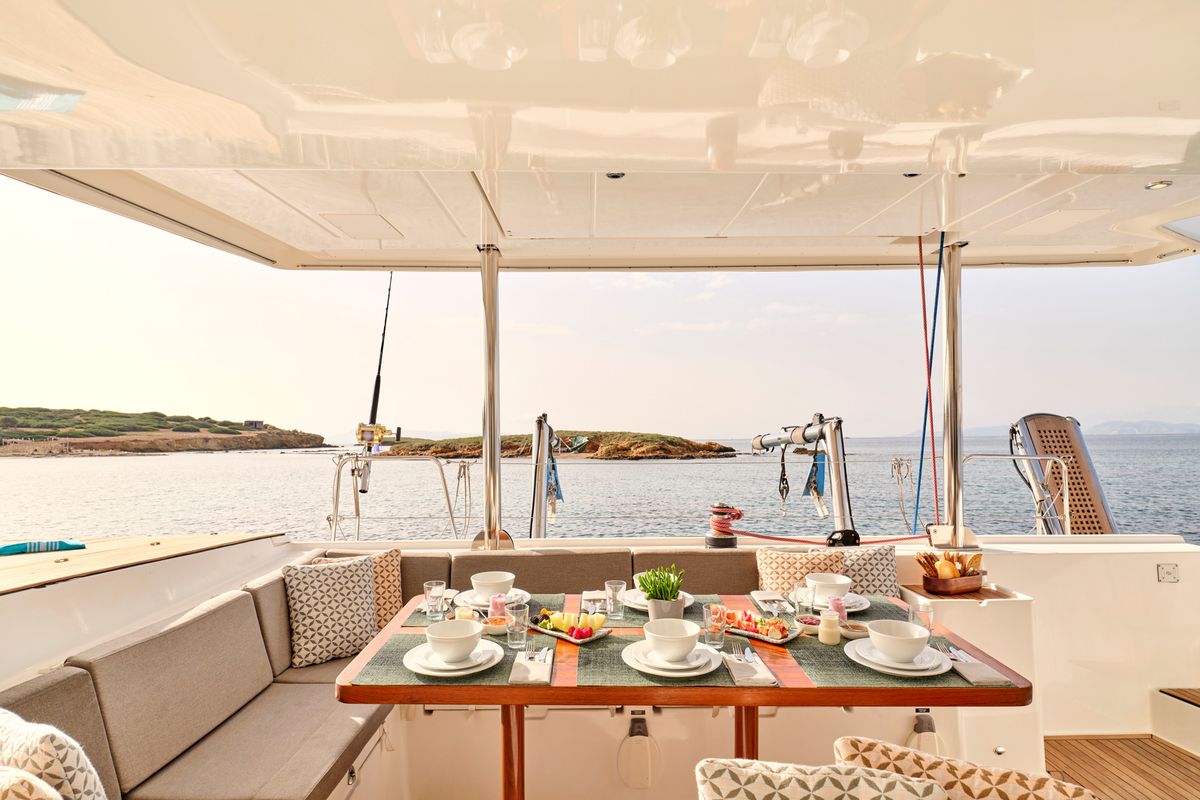 Deck of SOPHIA, a Lagoon 50 catamaran at Athens, Greece