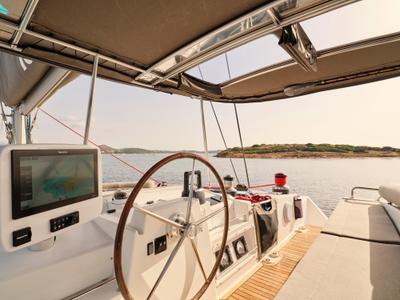 Cockpit of SOPHIA, a Lagoon 50 catamaran at Athens, Greece