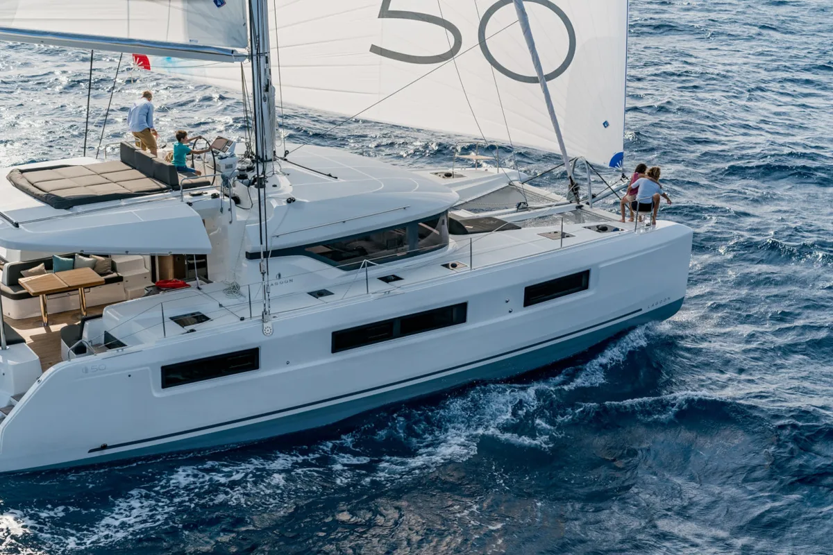 Exterior view of SOPHIA, a Lagoon 50 catamaran at Athens, Greece