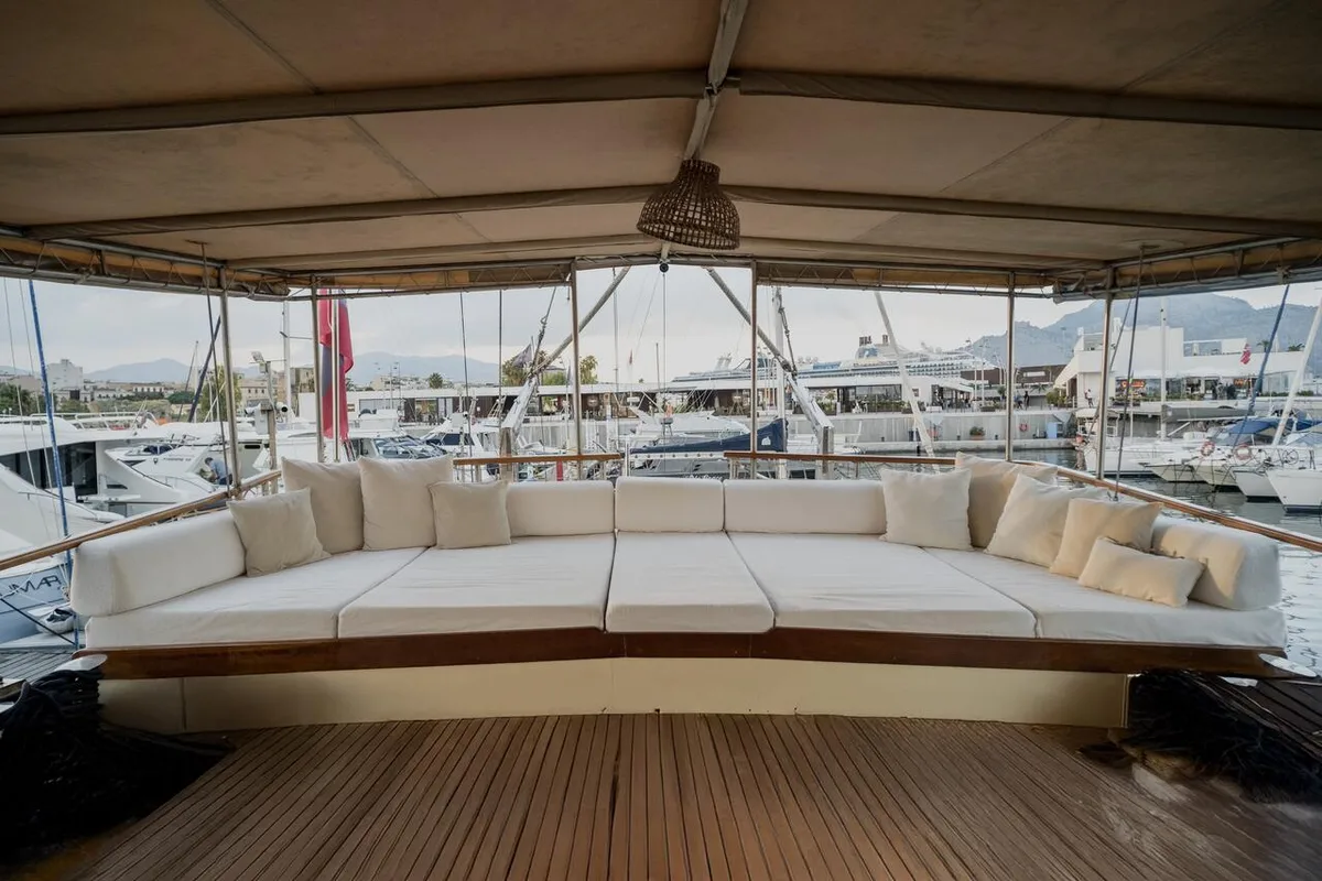 Deck of Hande - Capo Galera, a Ticari Yacht Hande - Capo Galera yacht at Capo d'Orlando, Italy