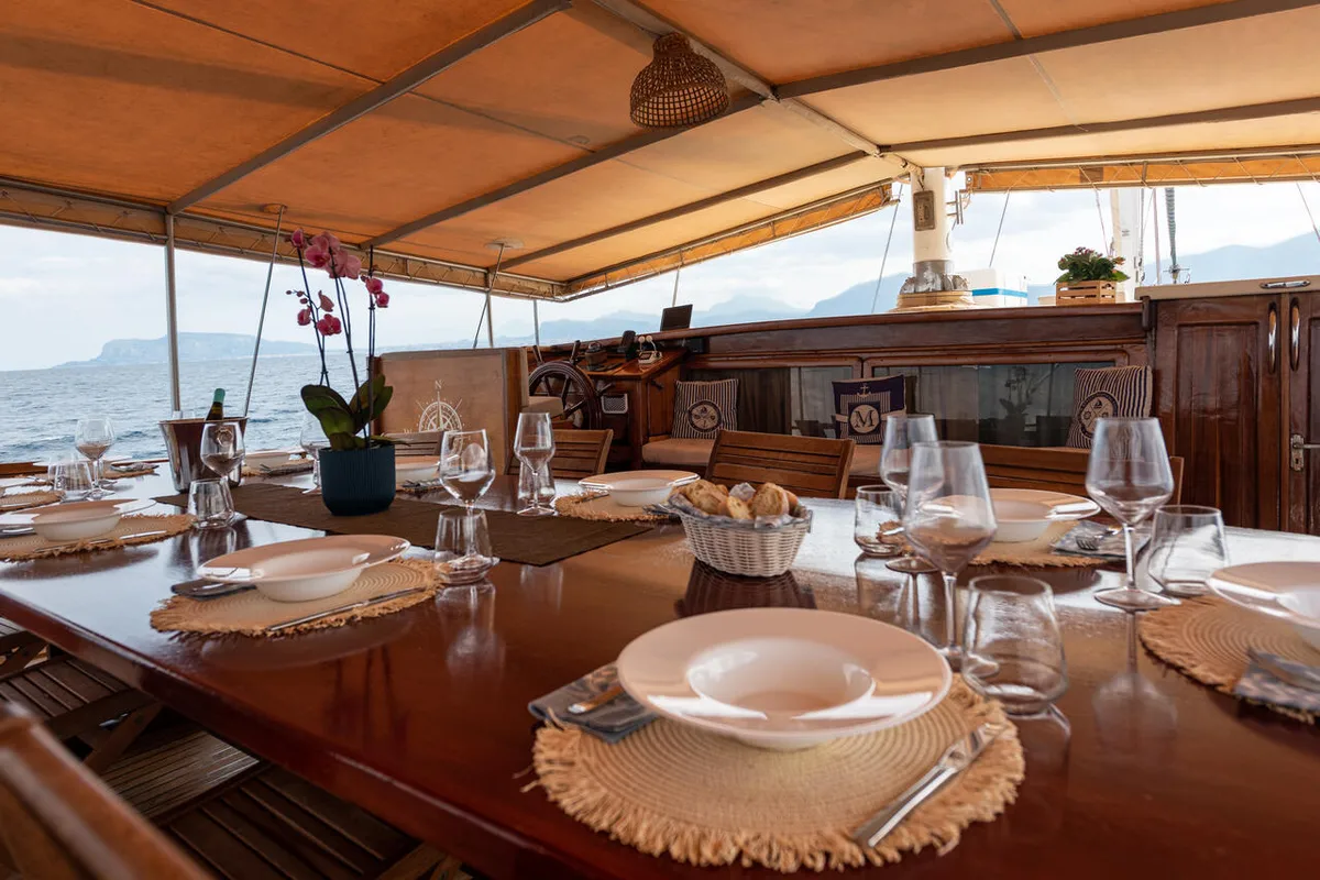 Deck of Hande - Capo Galera, a Ticari Yacht Hande - Capo Galera yacht at Capo d'Orlando, Italy