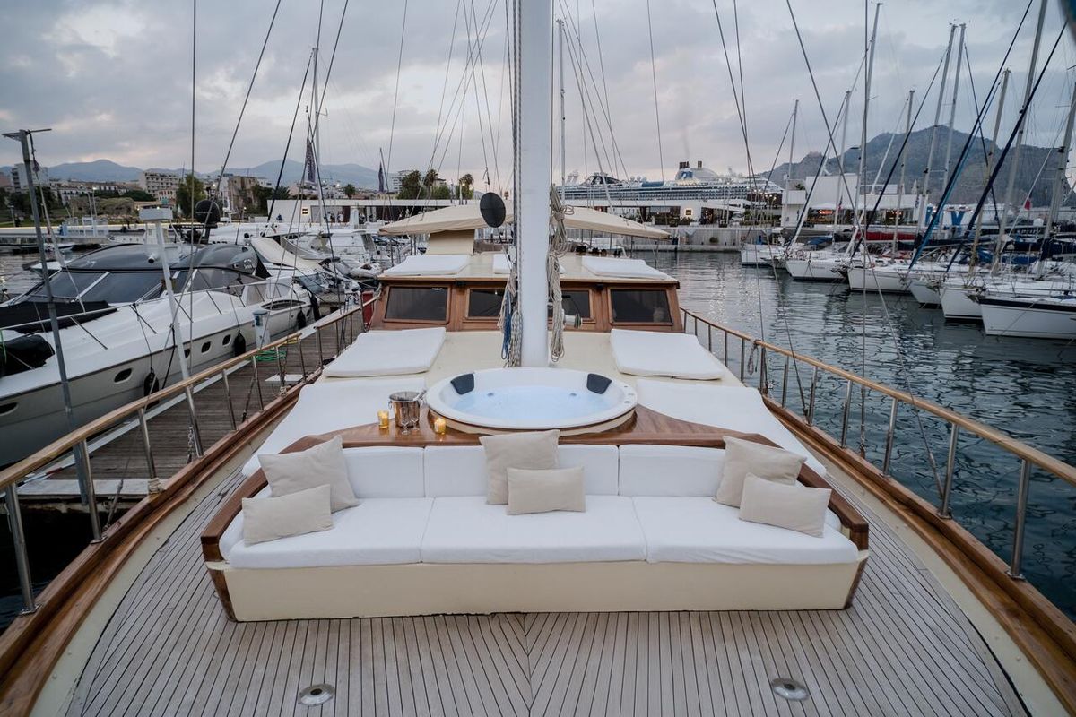 Deck of Hande - Capo Galera, a Ticari Yacht Hande - Capo Galera yacht at Capo d'Orlando, Italy