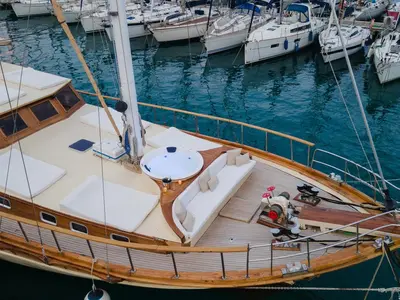 Deck of Hande - Capo Galera, a Ticari Yacht Hande - Capo Galera yacht at Capo d'Orlando, Italy