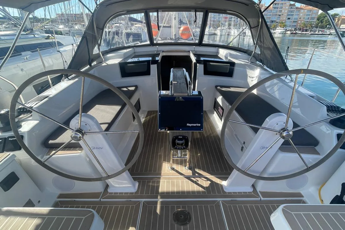 Cockpit of Odyssee, a Hanse Yachts Hanse 388 sailboat at Hyères, France