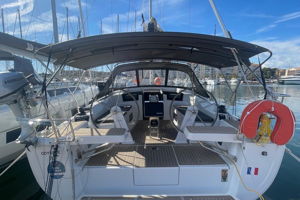 Cockpit of Odyssee, a Hanse Yachts Hanse 388 sailboat at Hyères, France