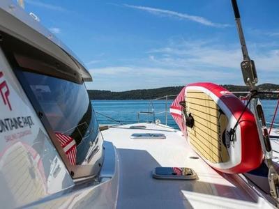 Deck of Anna Isabella, a Fountaine Pajot Saba 50 catamaran at Seychelles, Eden Island Marina, Seychelles
