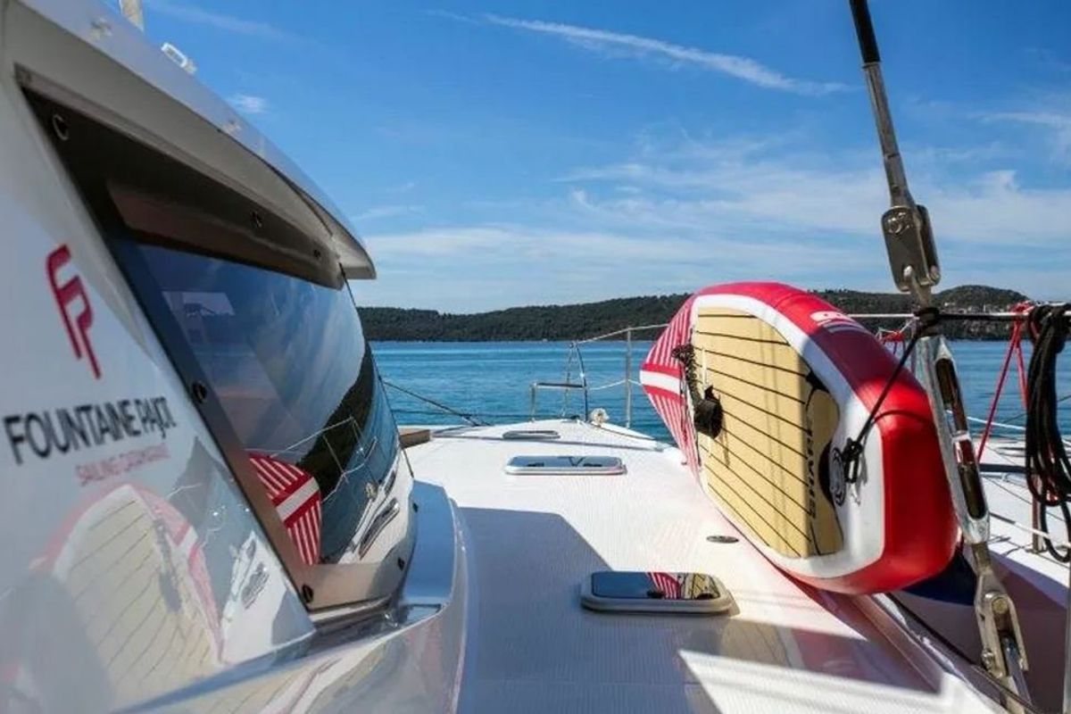 Deck of Anna Isabella, a Fountaine Pajot Saba 50 catamaran at Seychelles, Eden Island Marina, Seychelles