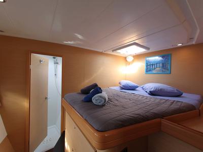 Cabin on Fantasy, a Lagoon 420 catamaran at Athens, Greece