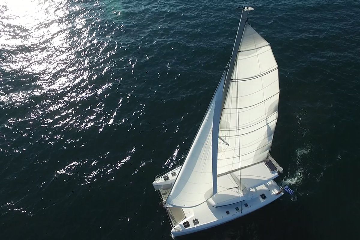 Exterior view of Fantasy, a Lagoon 420 catamaran at Athens, Greece