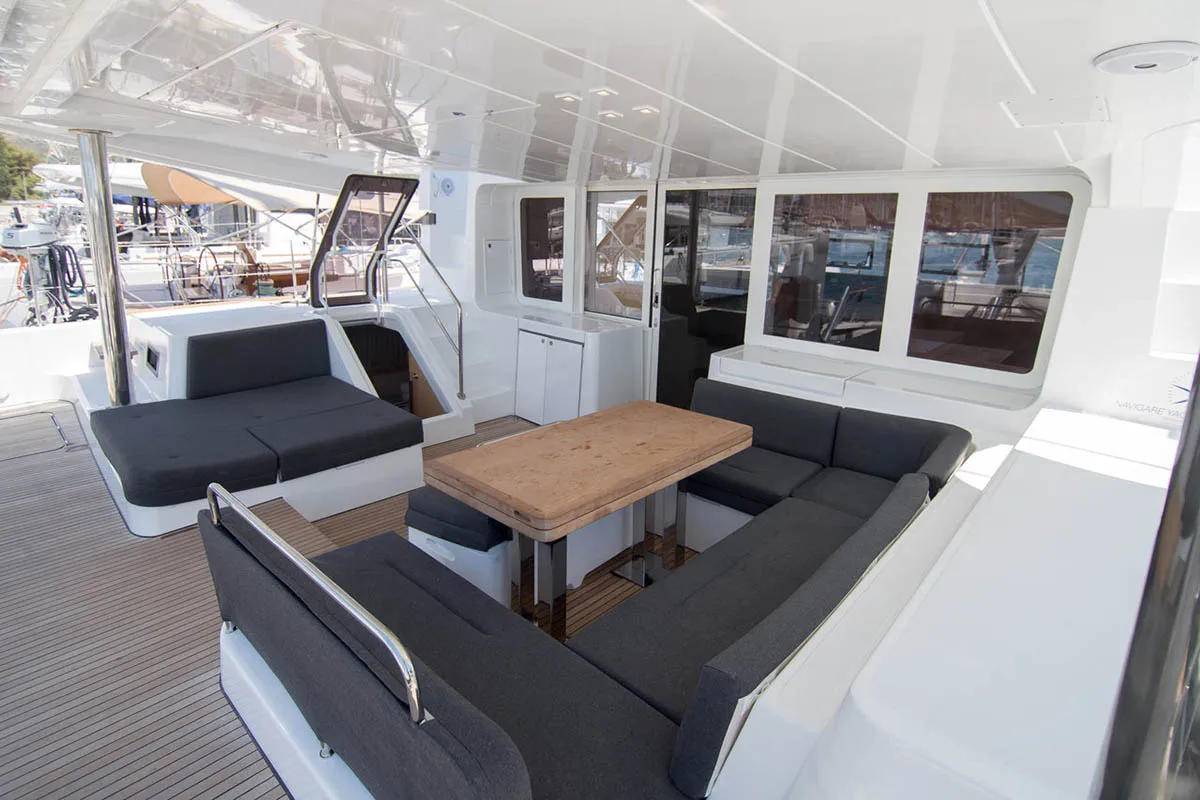 Deck of Costabella , a Lagoon 52 F catamaran at Seychelles, Eden Island Marina, Seychelles