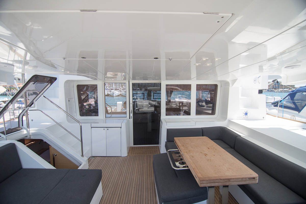 Deck of Costabella , a Lagoon 52 F catamaran at Seychelles, Eden Island Marina, Seychelles