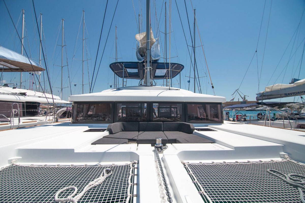 Deck of Costabella , a Lagoon 52 F catamaran at Seychelles, Eden Island Marina, Seychelles