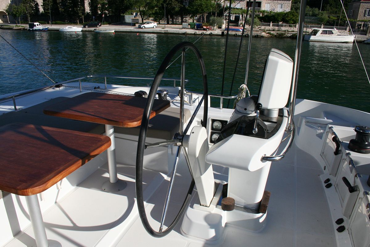 Cockpit of Costabella , a Lagoon 52 F catamaran at Seychelles, Eden Island Marina, Seychelles
