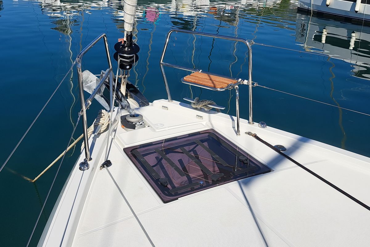 Deck of Mirrmurr, a Jeanneau Sun Odyssey 490 sailboat at Grad Kaštela, Croatia