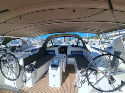 Cockpit of Mirrmurr, a Jeanneau Sun Odyssey 490 sailboat at Grad Kaštela, Croatia