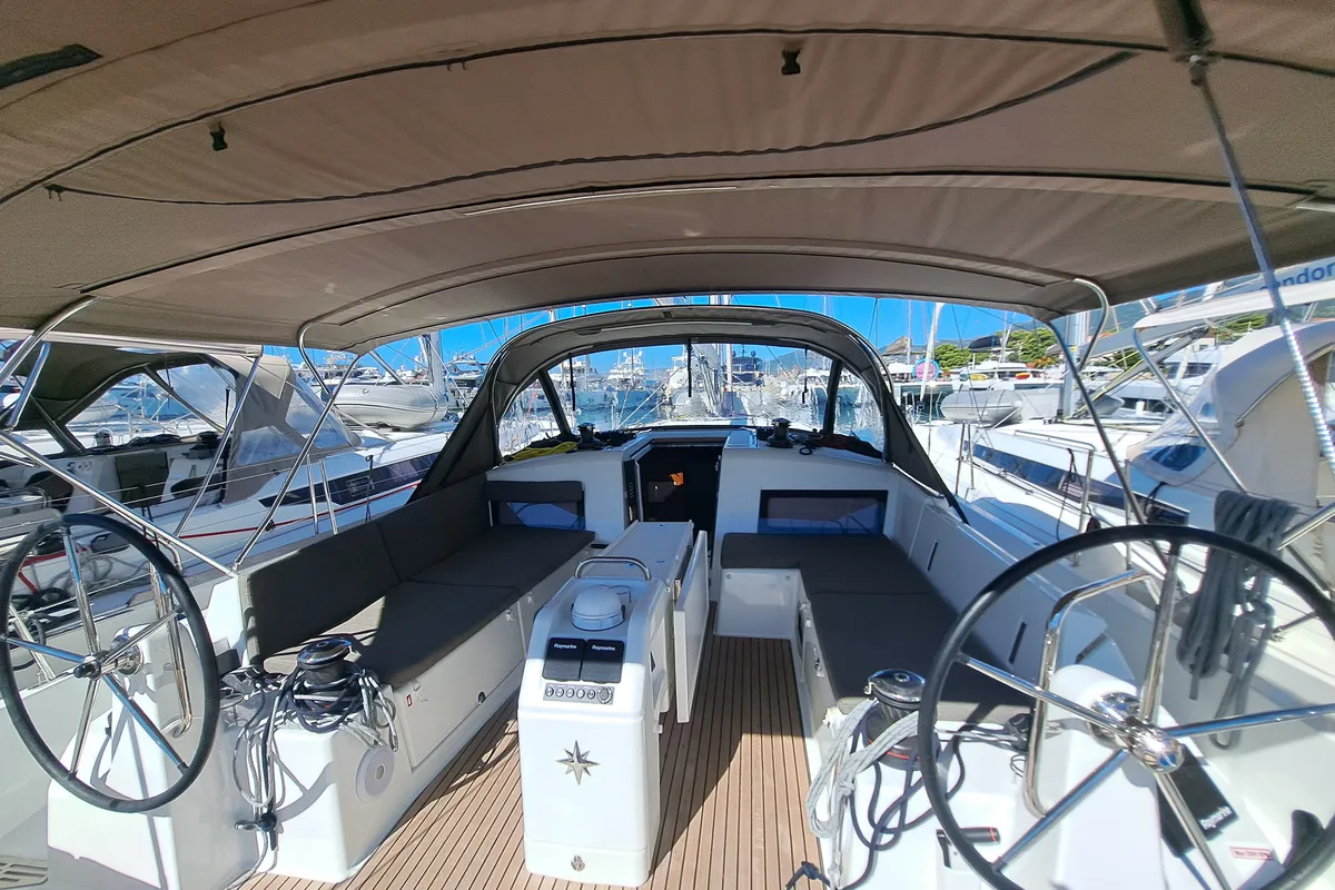 Cockpit of Mirrmurr, a Jeanneau Sun Odyssey 490 sailboat at Grad Kaštela, Croatia