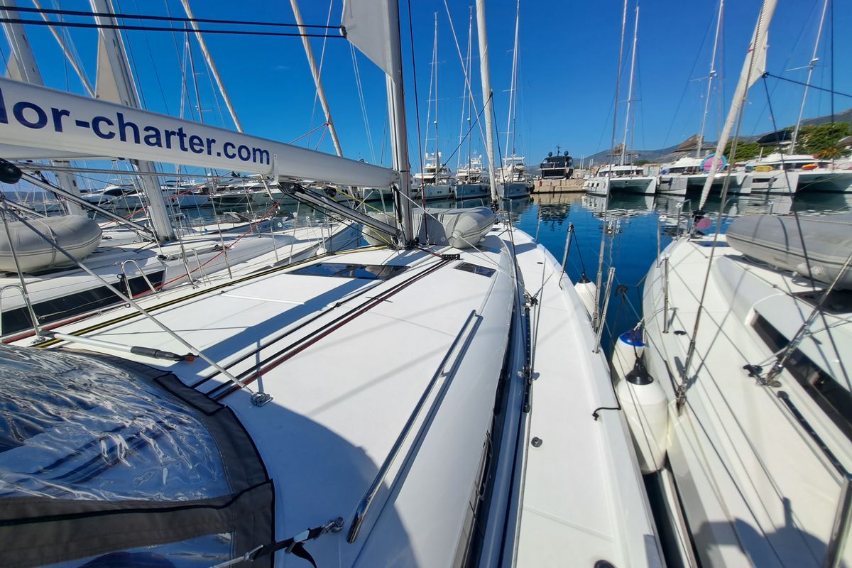 Exterior view of Mirrmurr, a Jeanneau Sun Odyssey 490 sailboat at Grad Kaštela, Croatia