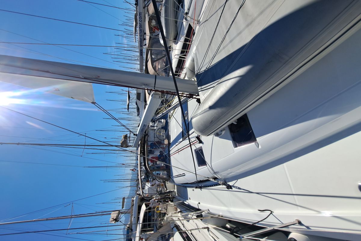 Exterior view of Mirrmurr, a Jeanneau Sun Odyssey 490 sailboat at Grad Kaštela, Croatia