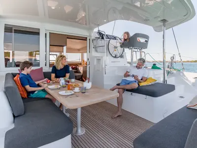 Deck of Keep Sailin VI, a Lagoon 40 catamaran at Santa Eulària des Riu, Spain