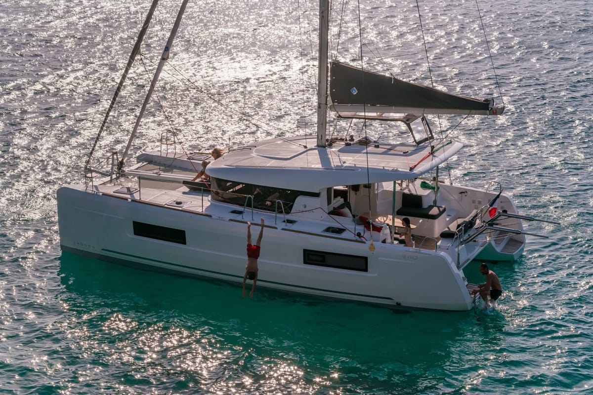 Exterior view of Keep Sailin VI, a Lagoon 40 catamaran at Santa Eulària des Riu, Spain