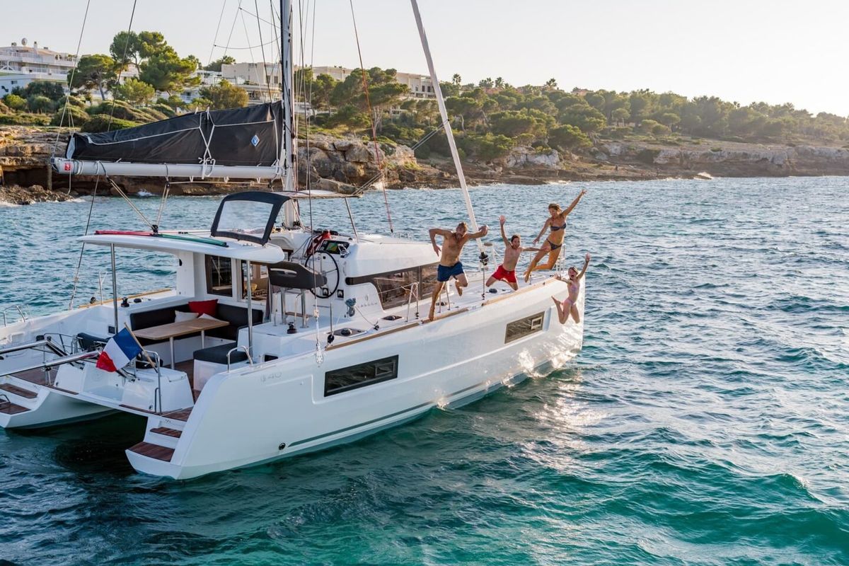 Exterior view of Keep Sailin VI, a Lagoon 40 catamaran at Santa Eulària des Riu, Spain