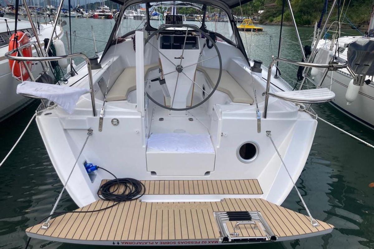 Cockpit of Ziriguidum, a Delta 365 sailboat at Paraty, Brazil